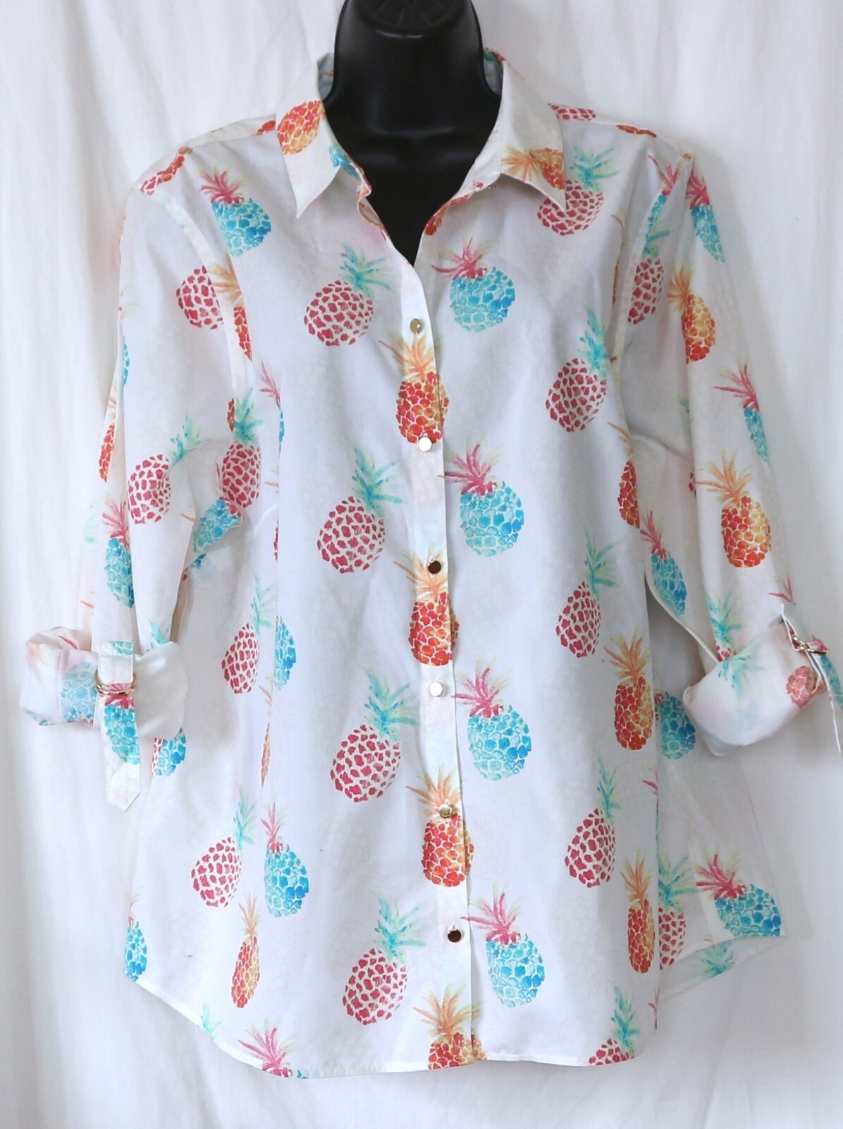CHICO’S Pineapple Print No Iron Blse 46 In Chst 28 In Lng Sz 3 (XL) EXC
