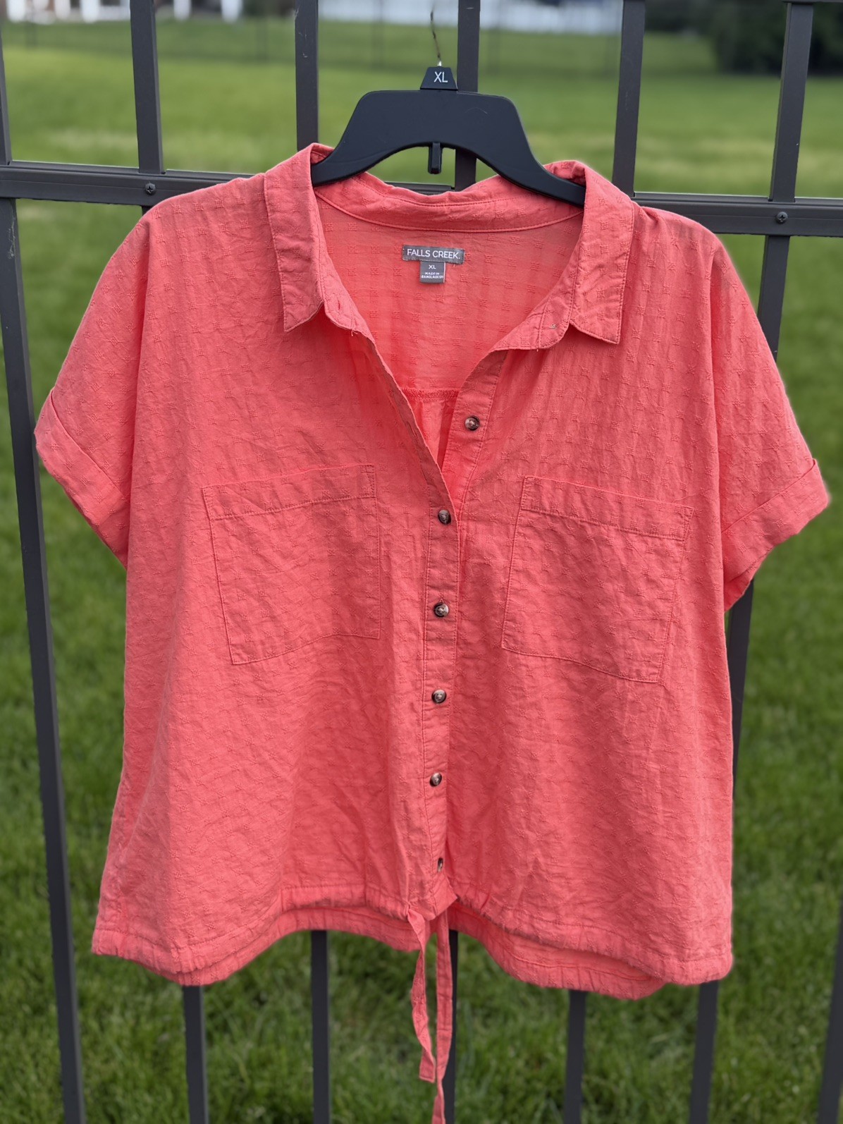 Falls Creek Short Sleeve Button Down Drawstring Blouse, Orange, XL