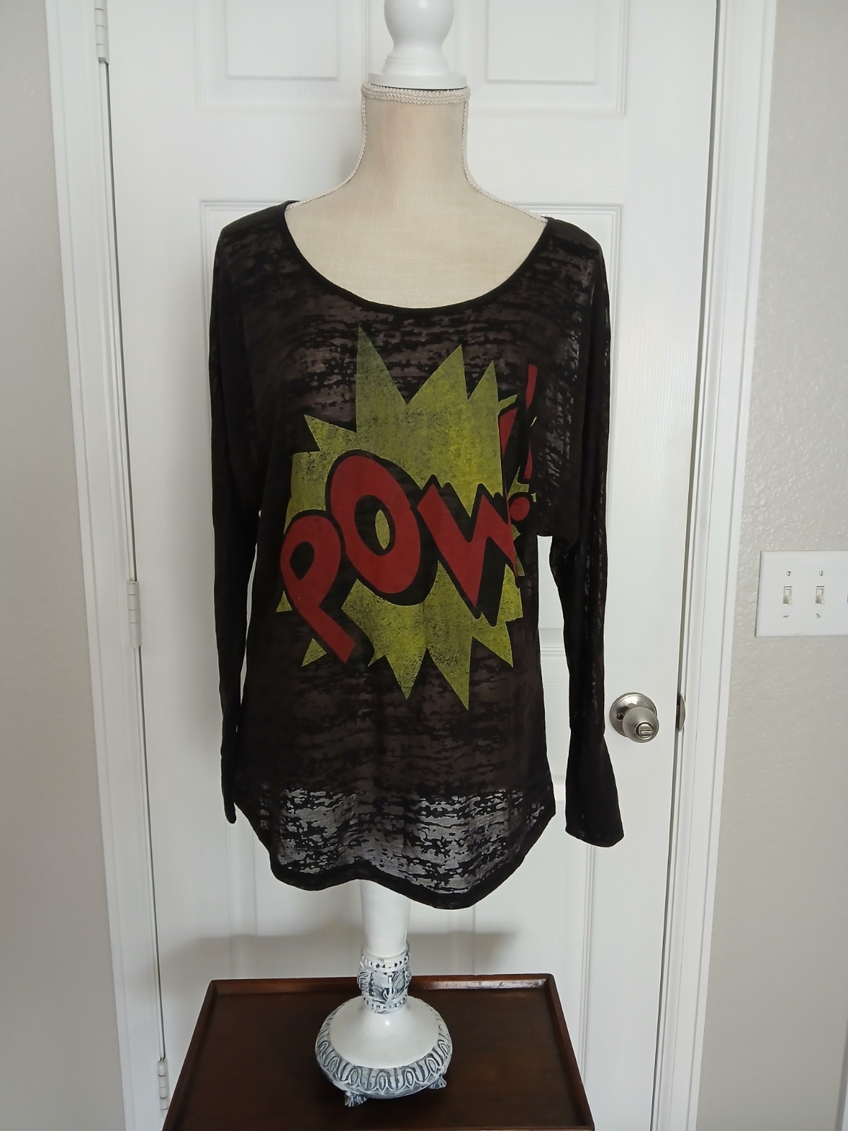 Stranded Black Burnout POW! Comic Shirt L Pop Art Y2K Grunge Rocker Sheer NWT