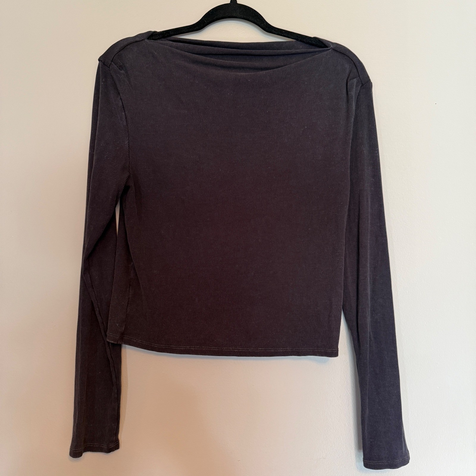 Boatneck Black Rayon Spandex Knit Blend Long Sleeve Textured Top Shirt Womens XL