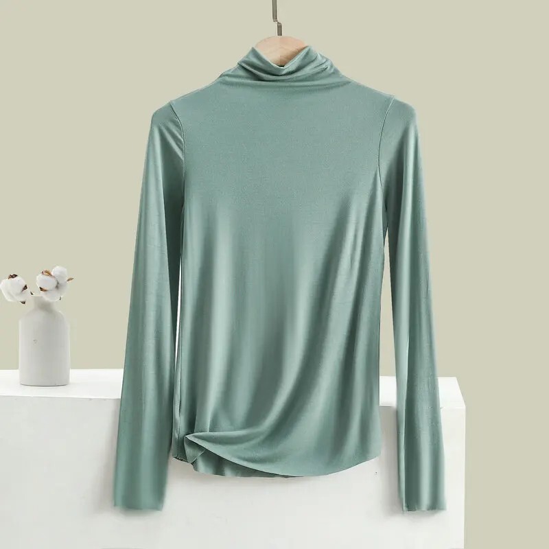 Womens Pure Mulberry Silk Knitted High Neck T Shirt Undershirt Long Sleeve T