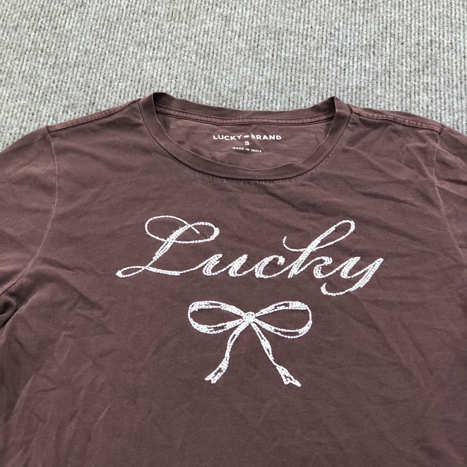 Lucky Brand Shirt Womens S Brown Crew Neck Short Sleeve Lucky Bow Graphic Sample