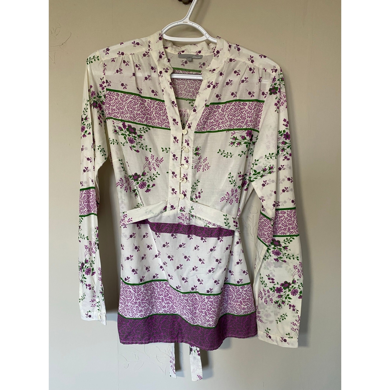 Etam Paris 100% Cotton Cream Purple Floral MilkMaid Blouse Prairie M
