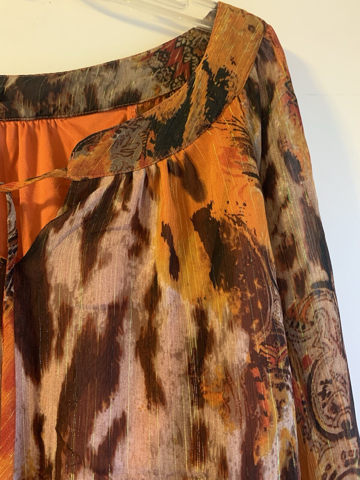 Sara Michelle Floral Mix Print Top Elastic LSleeve Chiffon Keyhole Org Brn Sz L