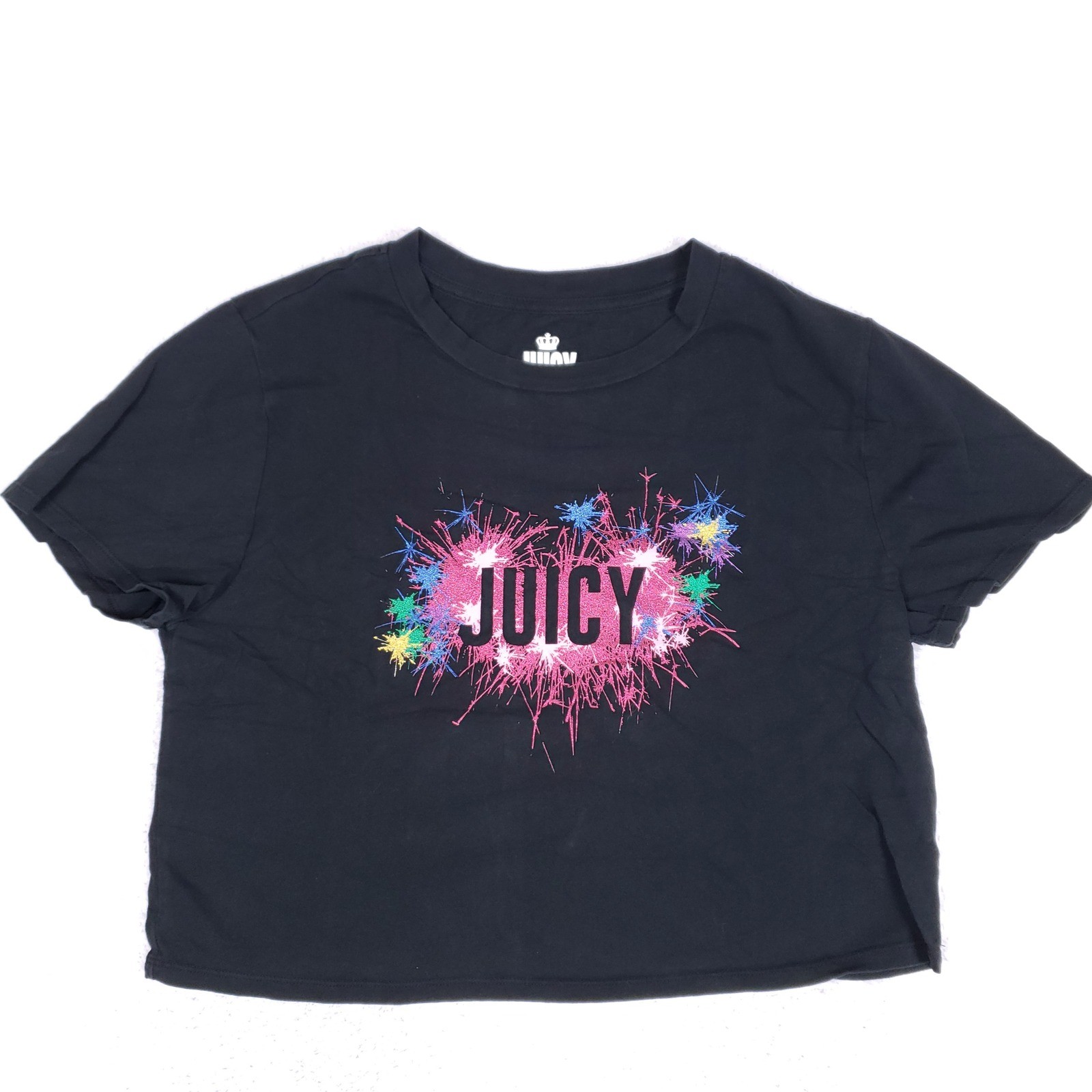 Juicy Couture Crop T Shirt Womens Large Black Glitter Graphic Y2K Streetwear Tee