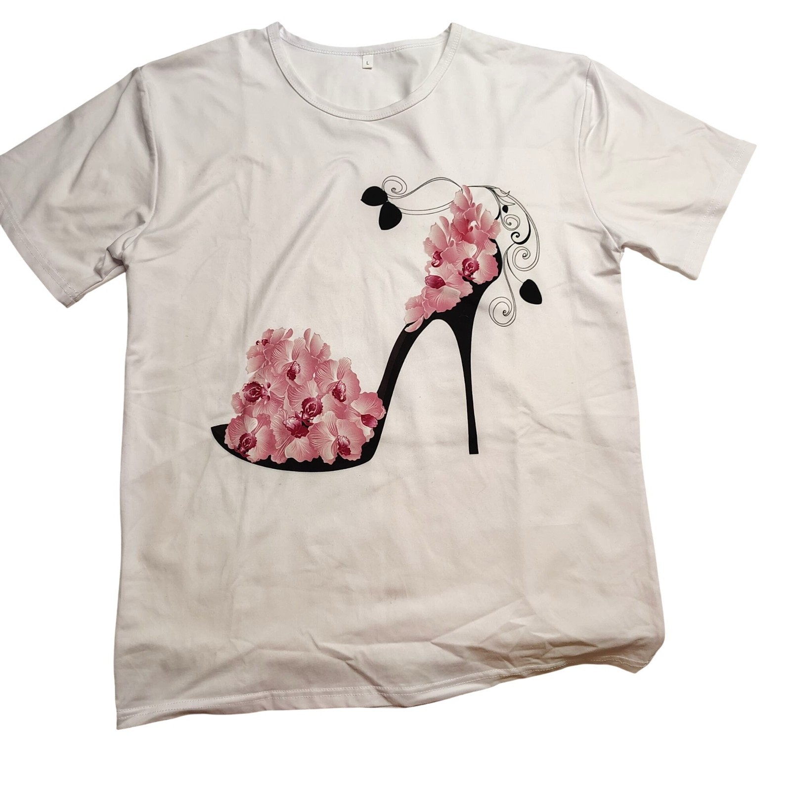 Stiletto Heel Women’s Floral Shirt Large White Pink Short Sleeve Top Silky Soft