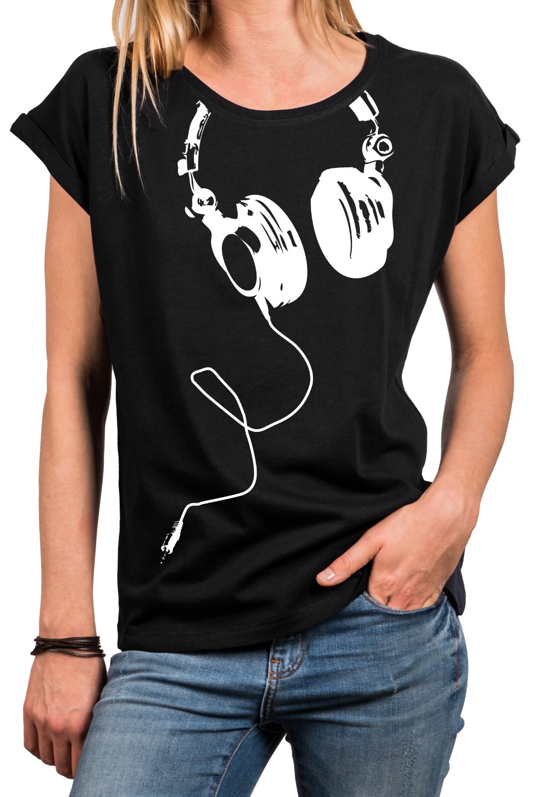 Ladies T Shirt Big Sizes Headphones Motif Short Sleeve Tops up to 44 46 48 50 52