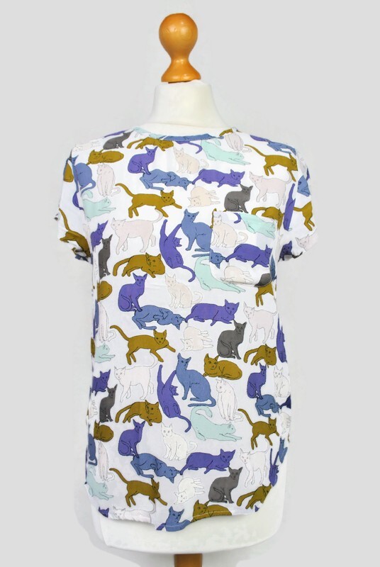 H&M White Retro Novelty Cat Print Short Sleeve Lightweight Blouse Shirt EU 36