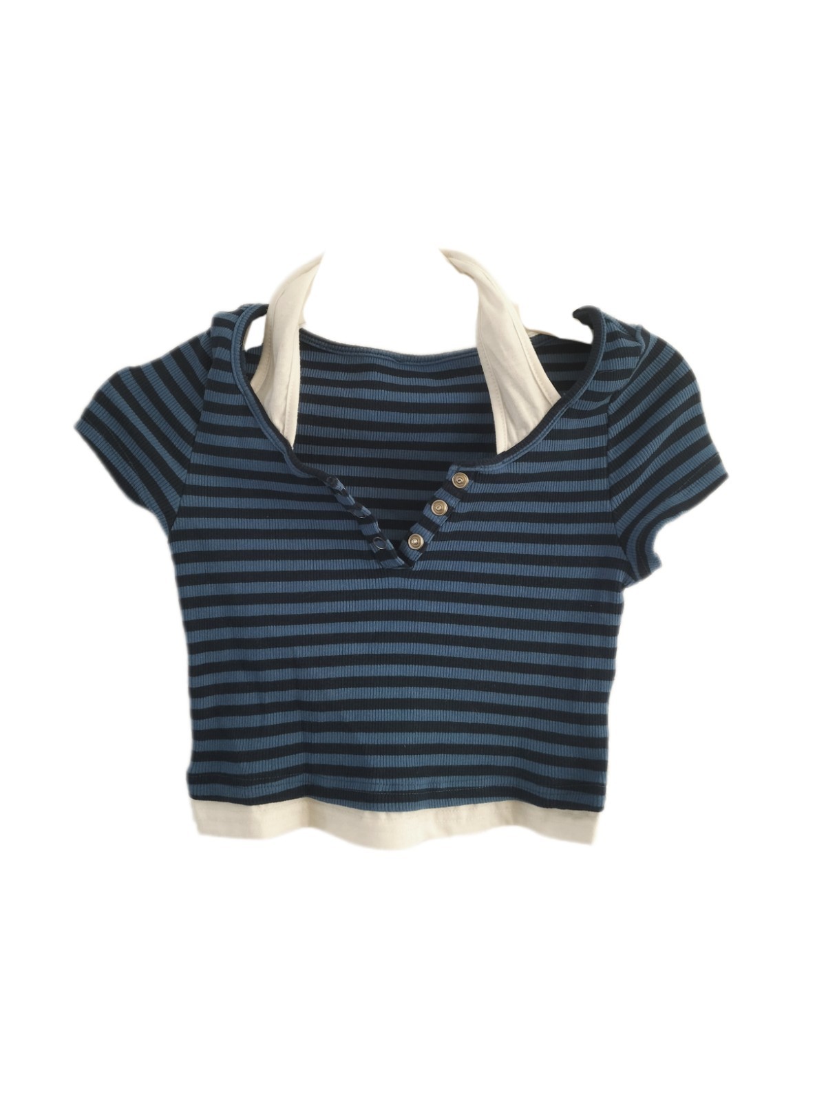 Cider Blue Cropped Top T-shirt Polo Halter Layer Striped Button Short Size S