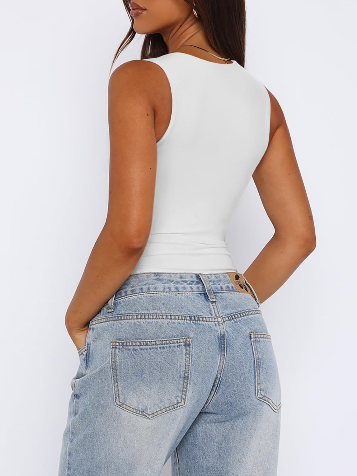 REORIA Women’s Summer Sexy Sleeveless Square Neck Double Lined Going White Large