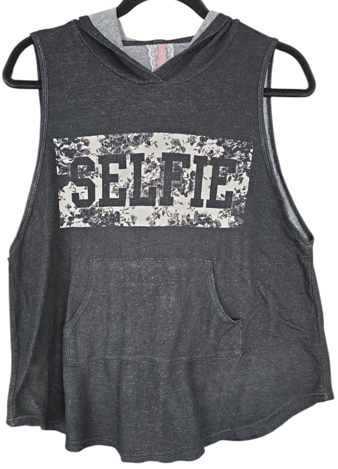 Mauve Womens Sz M Tank Top Hoodie Shirt Black Heathered “Selfie” Floral
