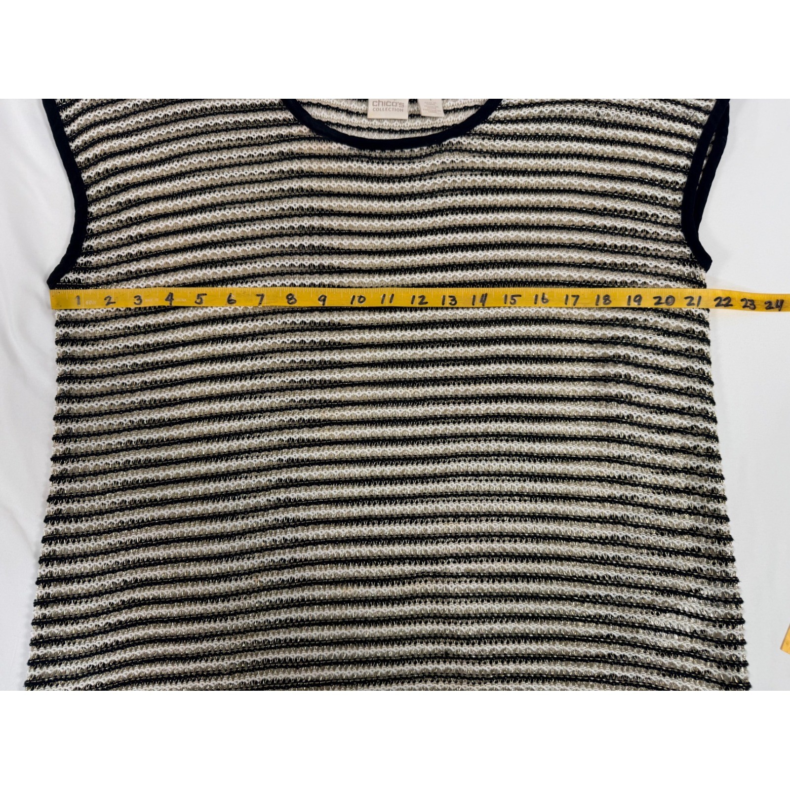 Chicos Collection Striped Metallic Knit Top Black Gold White Cap Sleeve Size 1