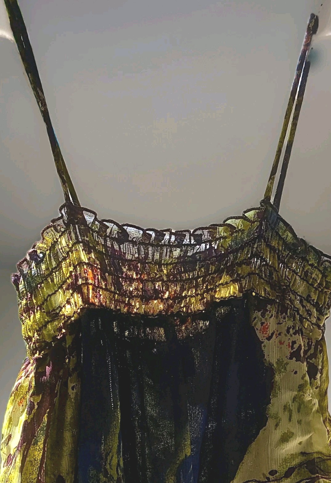 daytrip Women Yellow Brown Chiffon Smocked Ruffled Top S Adjustable Straps