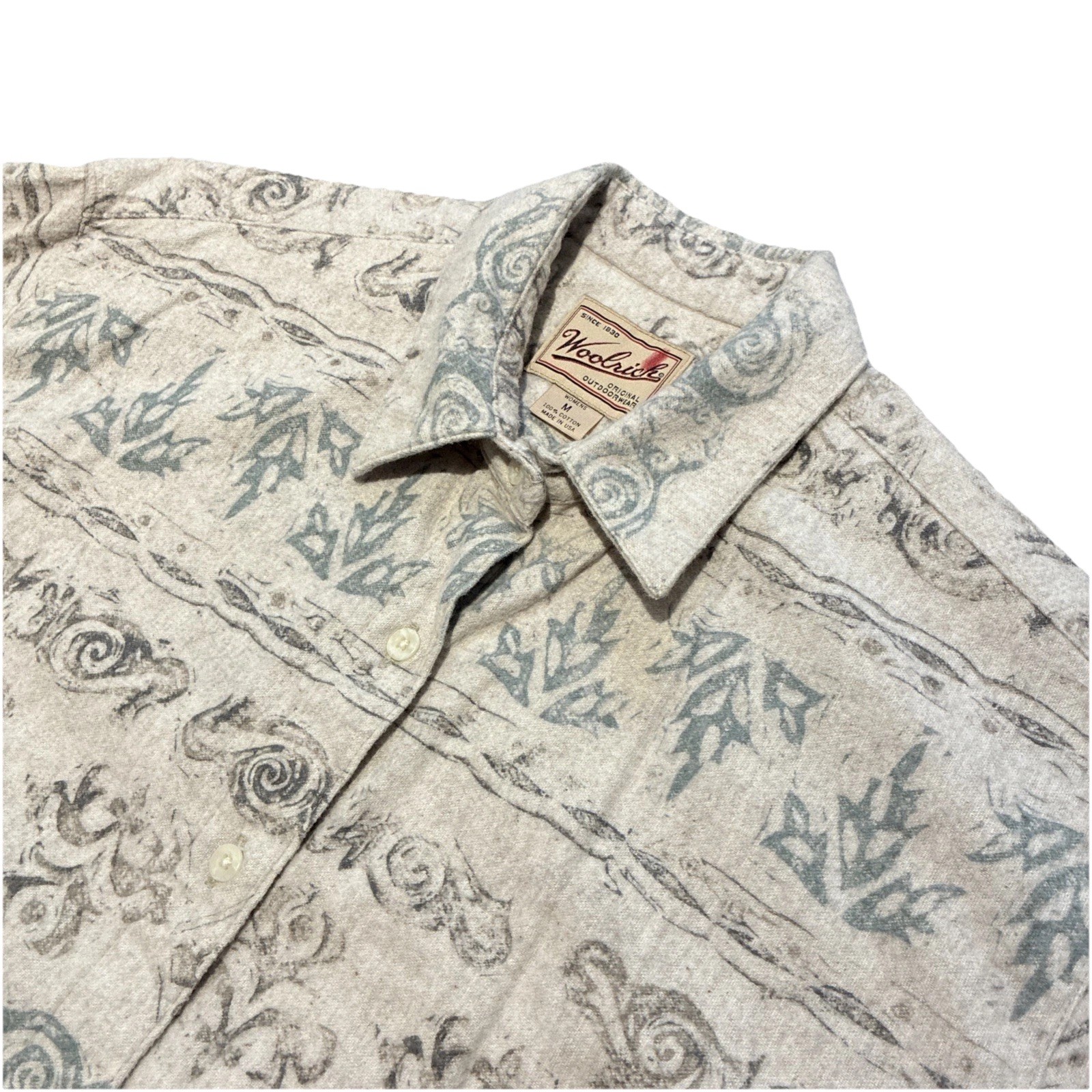 Woolrich Flannel Shirt Women Size M Beige Tribal Geometric USA Made Western Y2K
