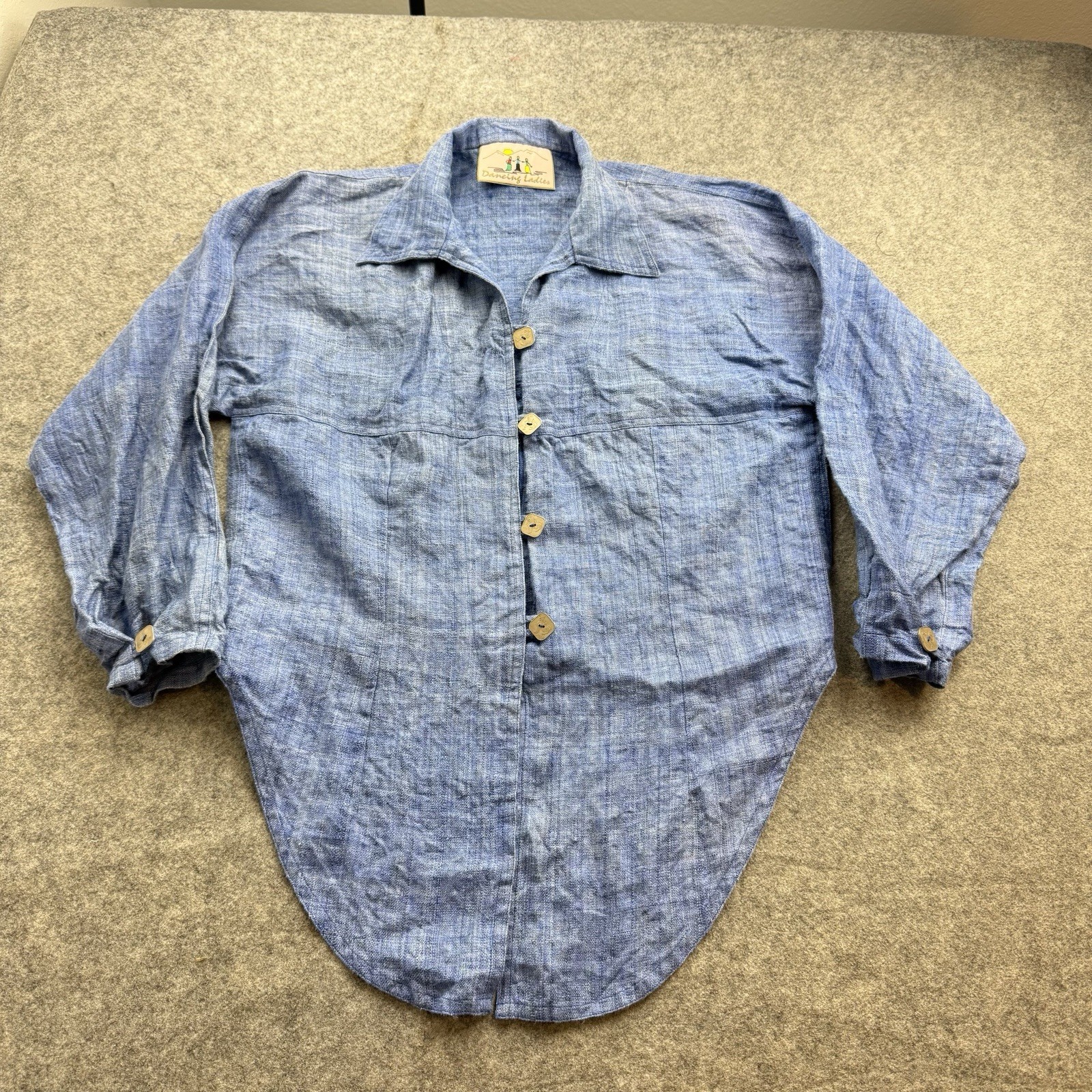 Dancing Ladies Santa Fe Hemp Shirt Womens L Blue Lagenlook High Low Top