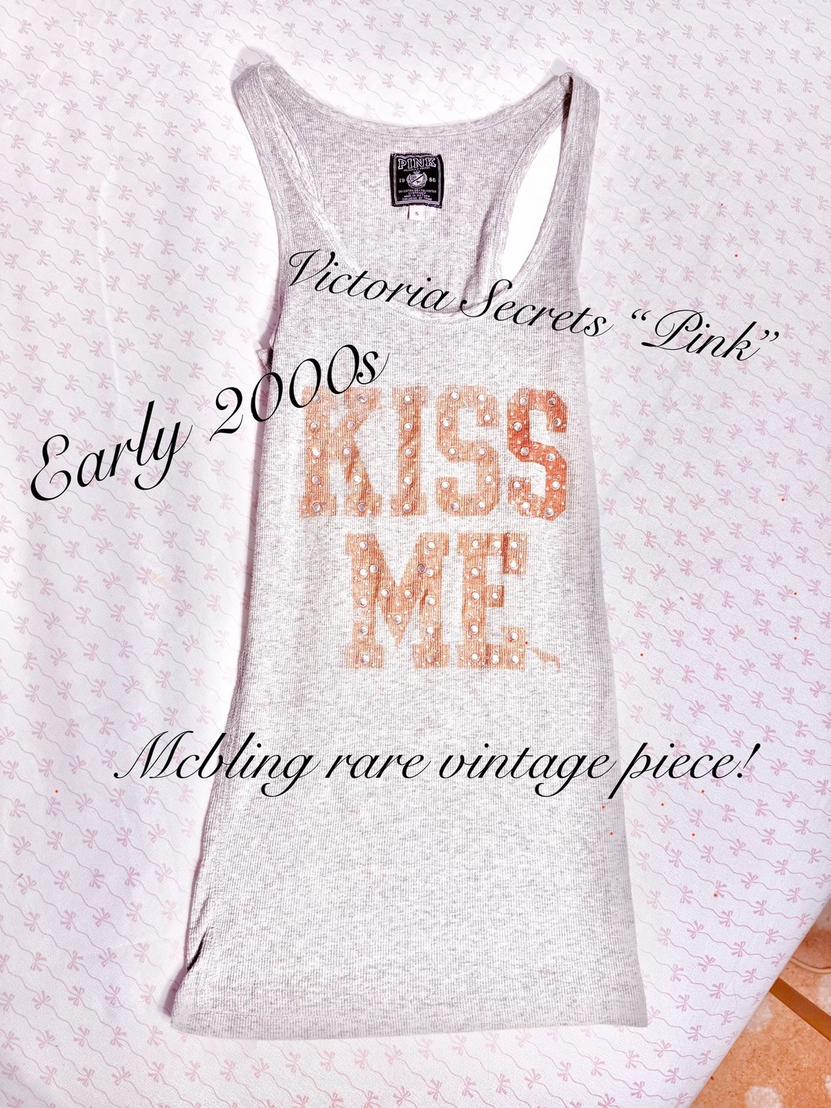 2000s Super Rare Victoria Secret Pink “Kiss Me” Grey Tank Top With Rhinestones