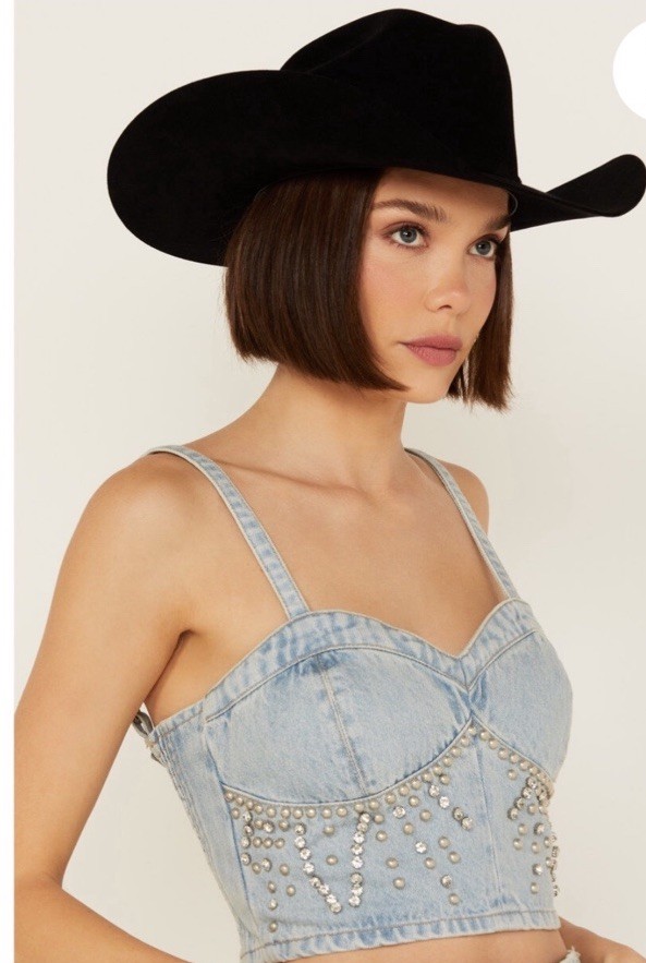 NWT BLANK NYC Light Wash Starstruck Embellished Denim Crop Top MED Festival Hot