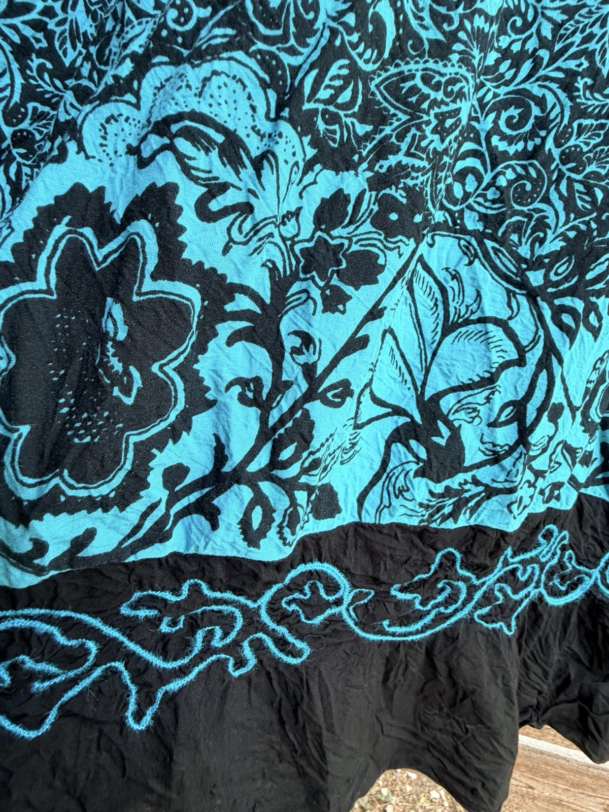 Krista Lee Teal and Black Floral Blouse XL Bohemian Flowy Lightweight