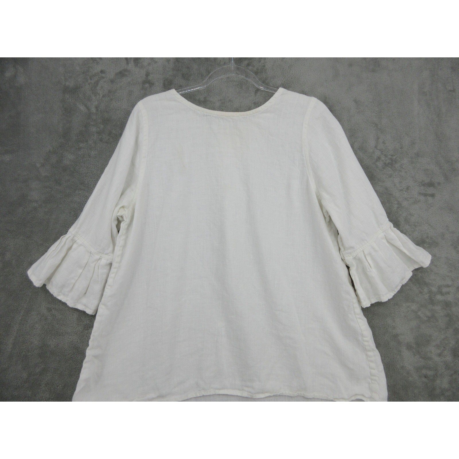 Crown Linen Designs Top Women Medium Ivory Linen Bell Sleeve High Low Coastal