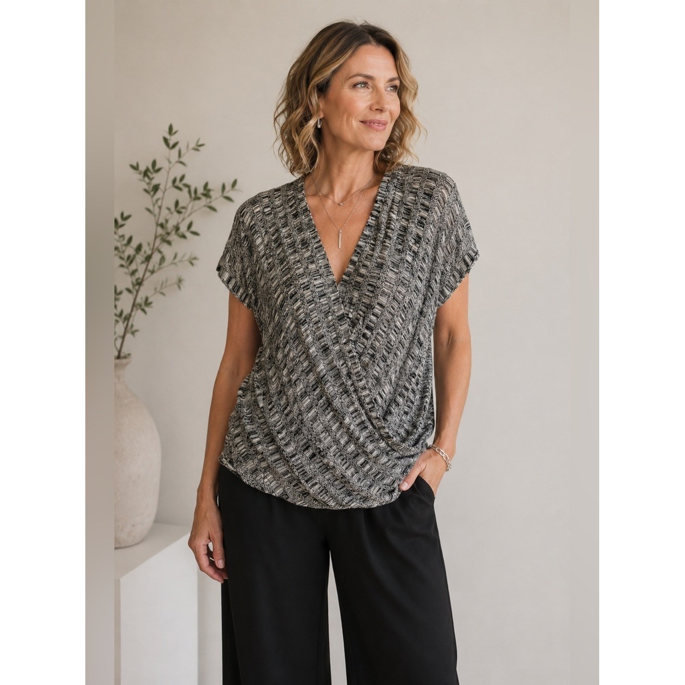 Eileen Fisher Organic Linen & Silk Blend Faux Wrap Knit Top – Size Medium