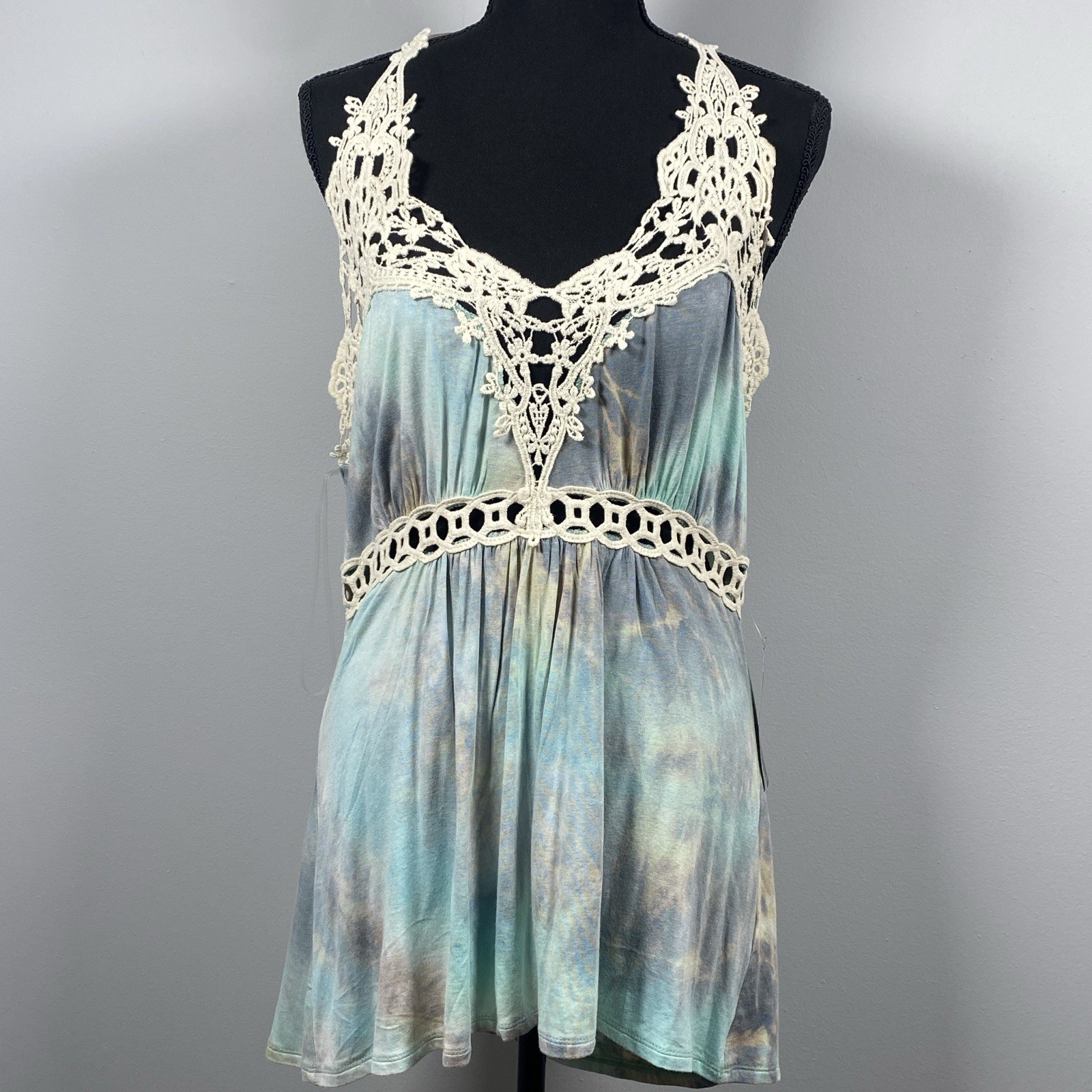 NWT VENUS Tie Dye Blue Gray Crochet Halter Babydoll Top Womens L 90’s Y2K Hippie