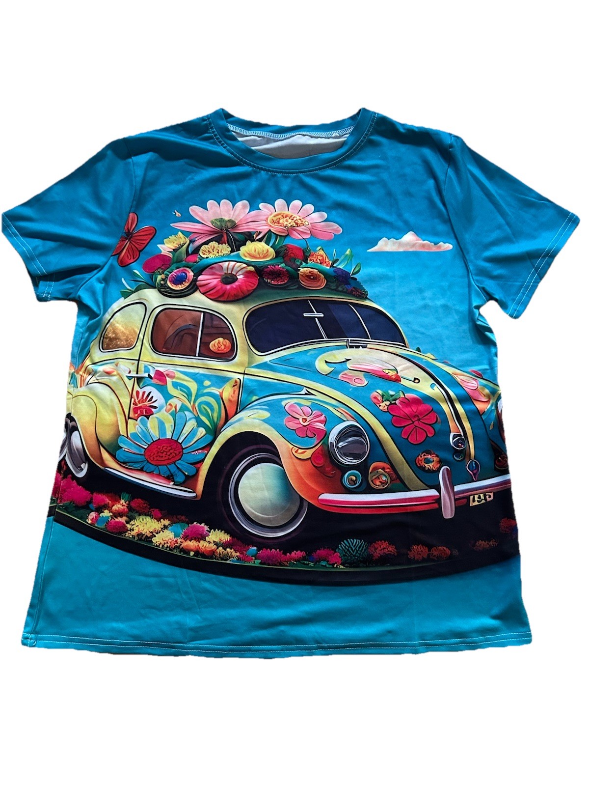 Colorful Retro Flower Car Graphic T-Shirt Hippie Art Teal Short Sleeve Ex. L