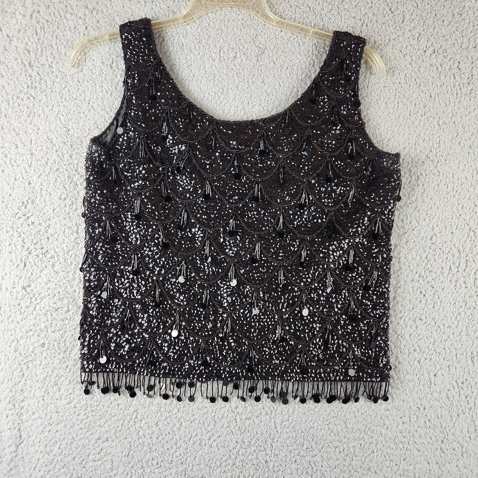 VINTAGE Beaded Sequin Tank Top Womens Large Black Wool Fringe Back Zip 90s