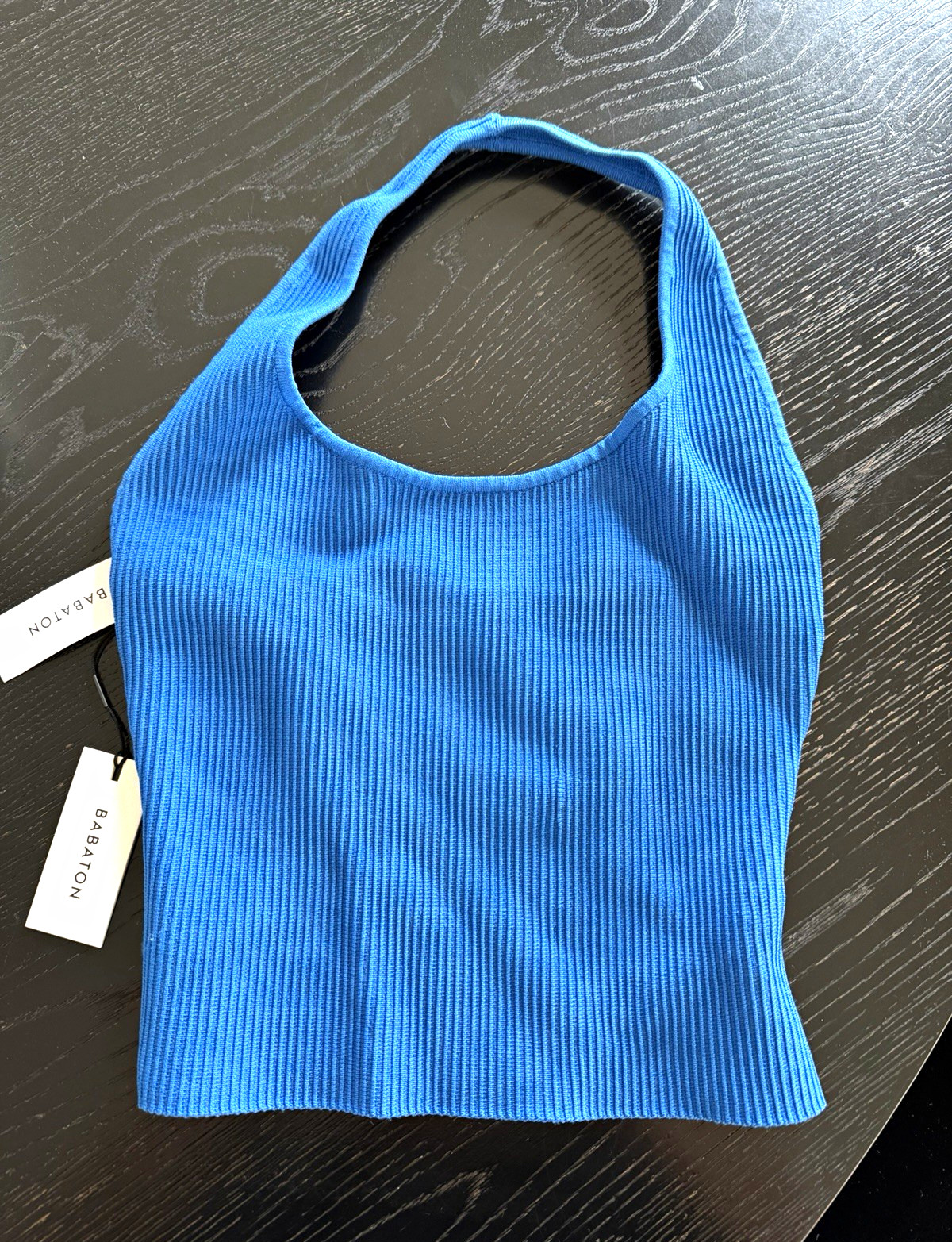 Babaton Blue Ribbed Knit Halter Cropped Tank Top Scoop Neck Womens S/P