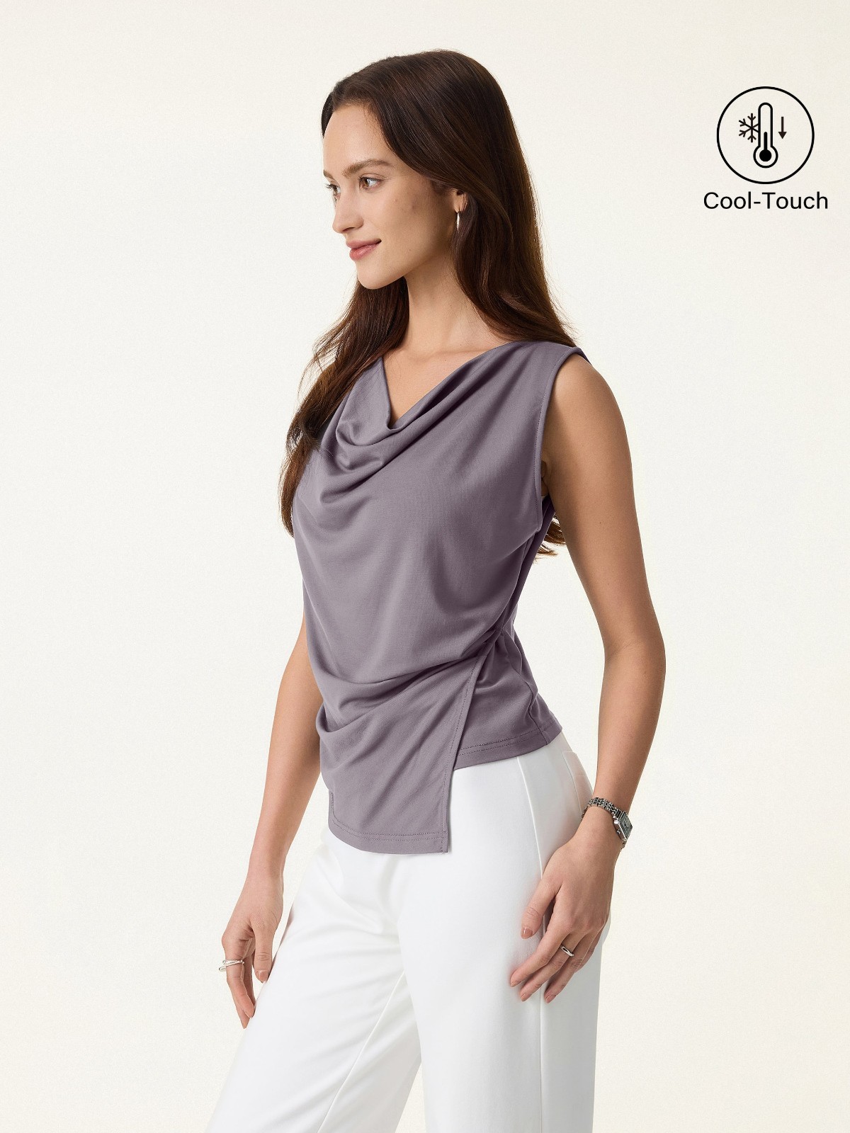 Women’s Cowl Neck Asymmetrical Sleeveless Tucked Top, Taro Purple