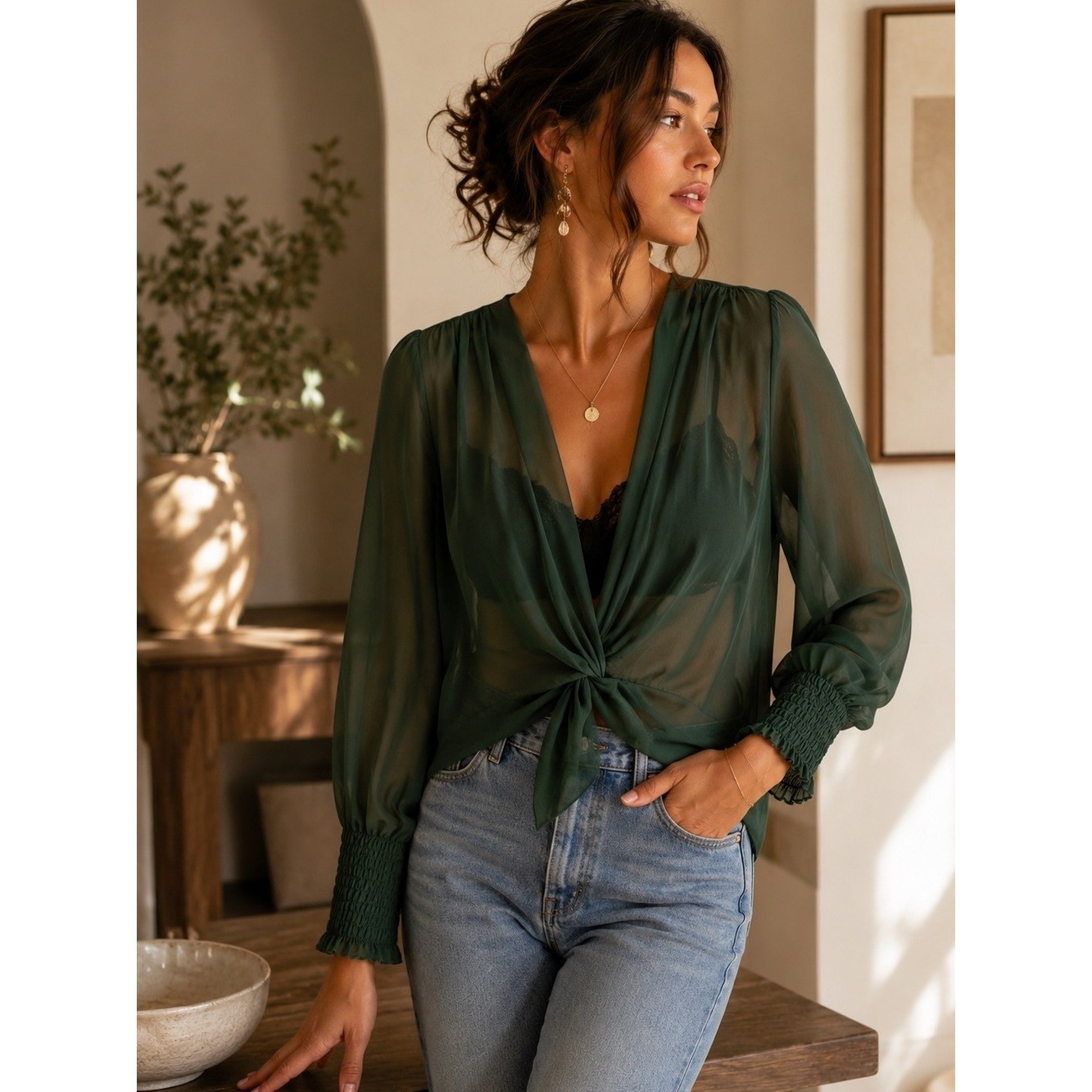 Ladaire 100% Silk Sheer Twist Front Blouse Emerald Green XL