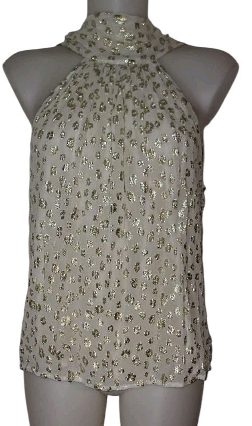 Bishop + Young Sz S Women’s Gold Flocked Leopard Print Metallic Shiny Retro Top