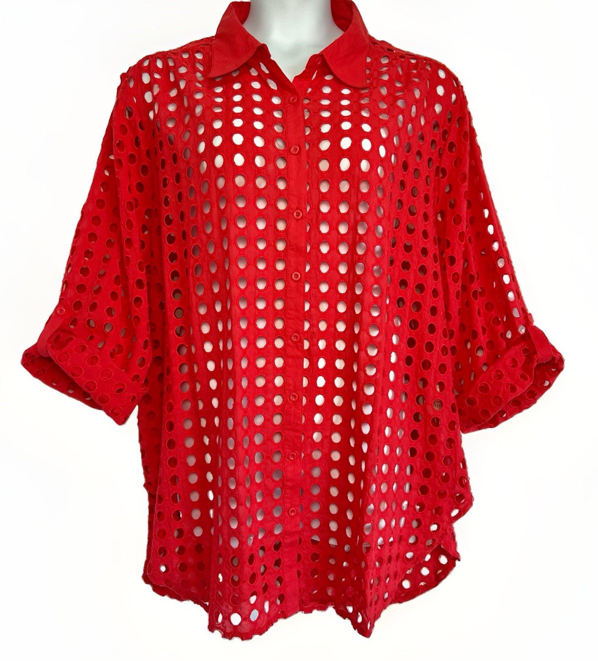 ADIVA Watermelon Openwork Eyelet Blouse Sz: 3X Button Up 3/4 Roll-Tab Sleeves