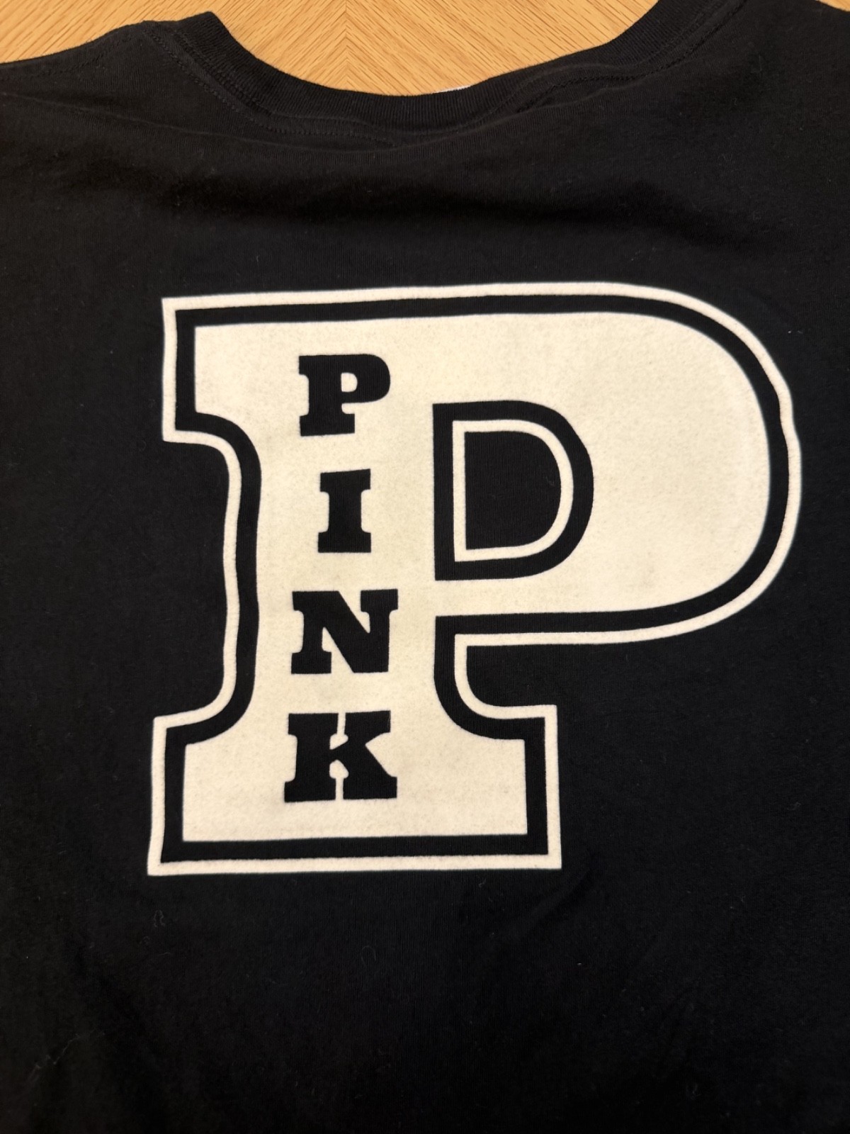 Victoria’s Secret PINK Campus T Shirt Black Big Varsity P Logo Crewneck Size X