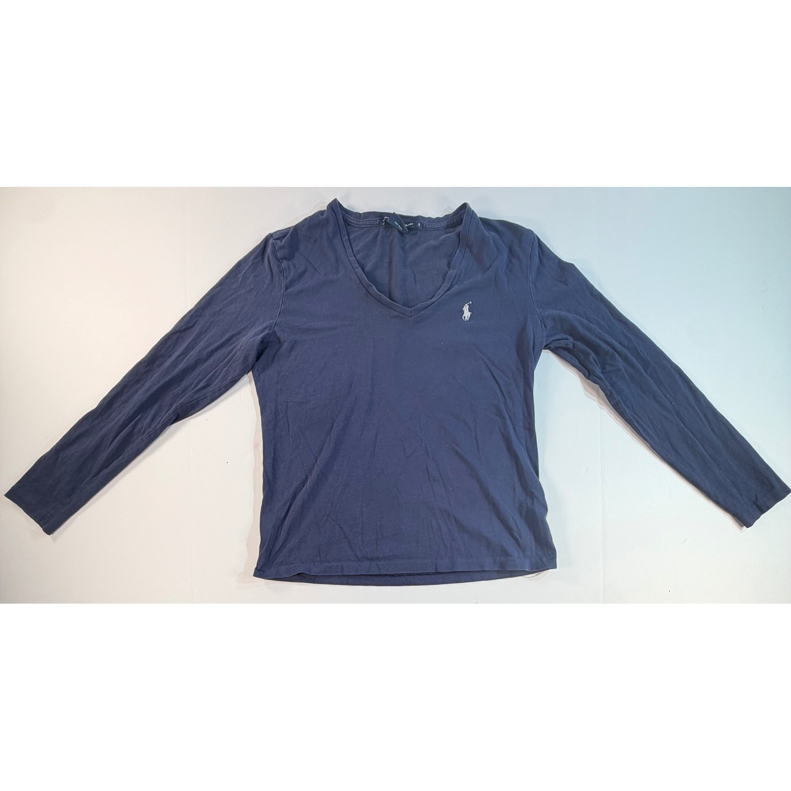Ralph Lauren Sport Womens Navy Blue V-Neck Long Sleeve Cotton Tee Shirt Small