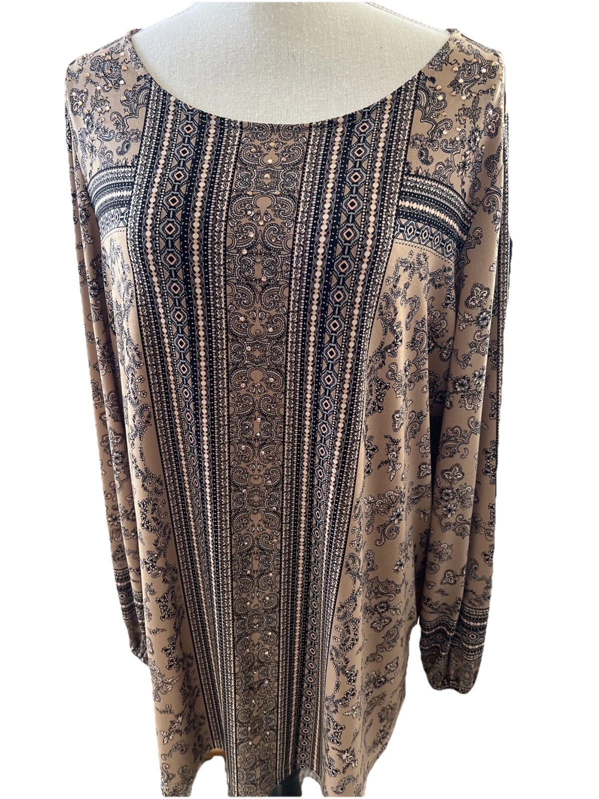Susan Graver Artisan 1X Taupe Brown Beaded Tunic Long Slvs Machine Wash 96% Poly