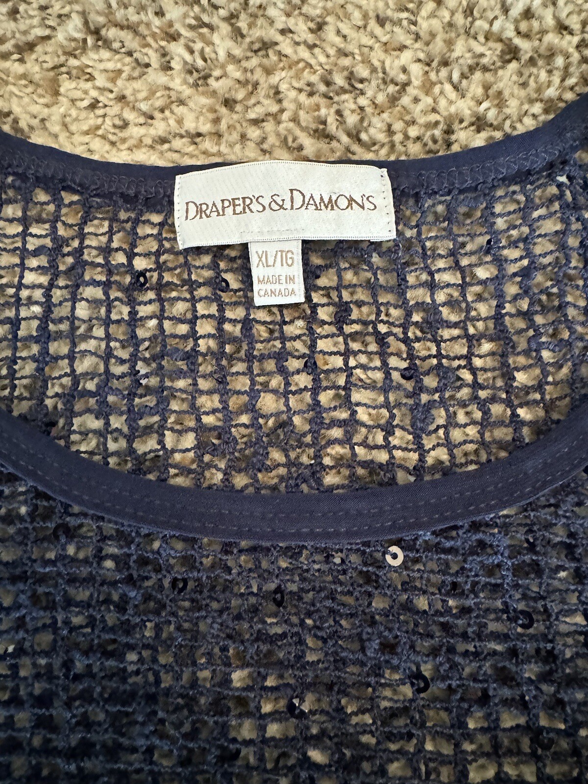 Drapers and Damons XL Navy Blue Sequined Loose Weave Mesh Pullover Top 3/4 SLV