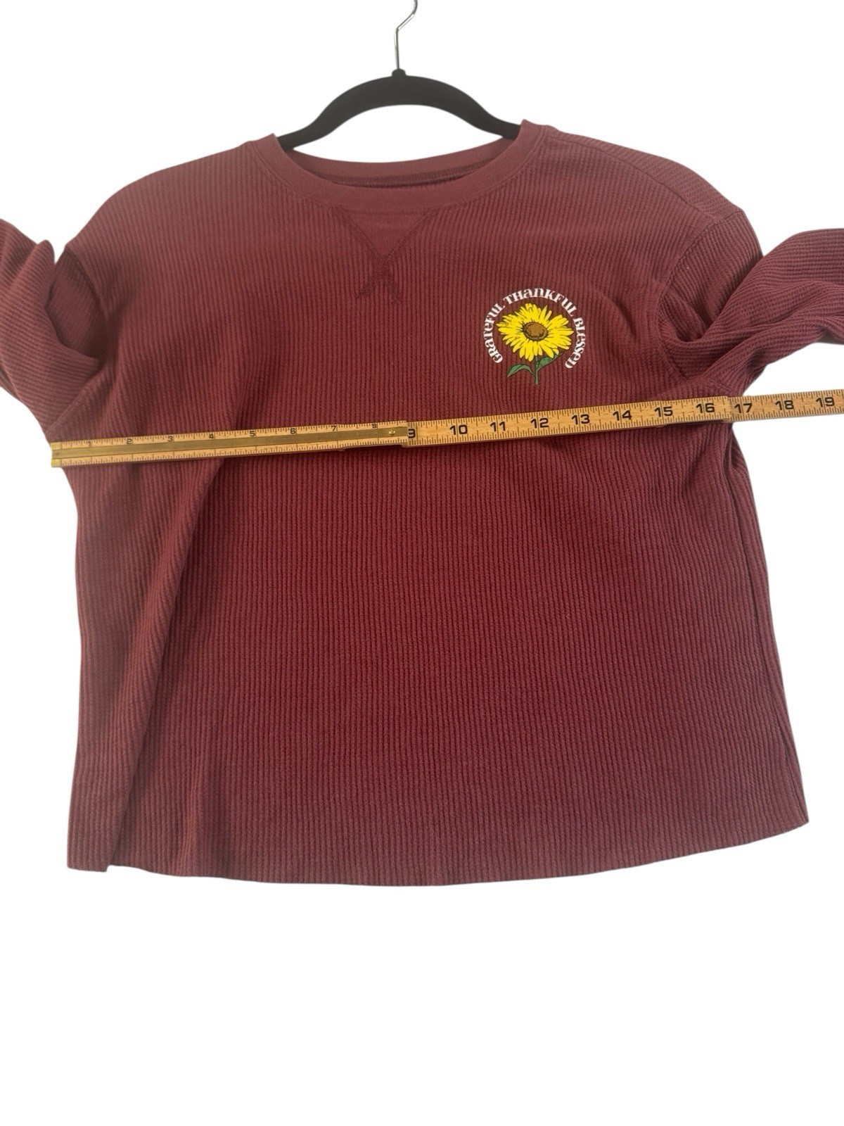 LOVE TRIBE Juniors XS Thankful Blessed Sunflower Waffle Top Burgundy #4796
