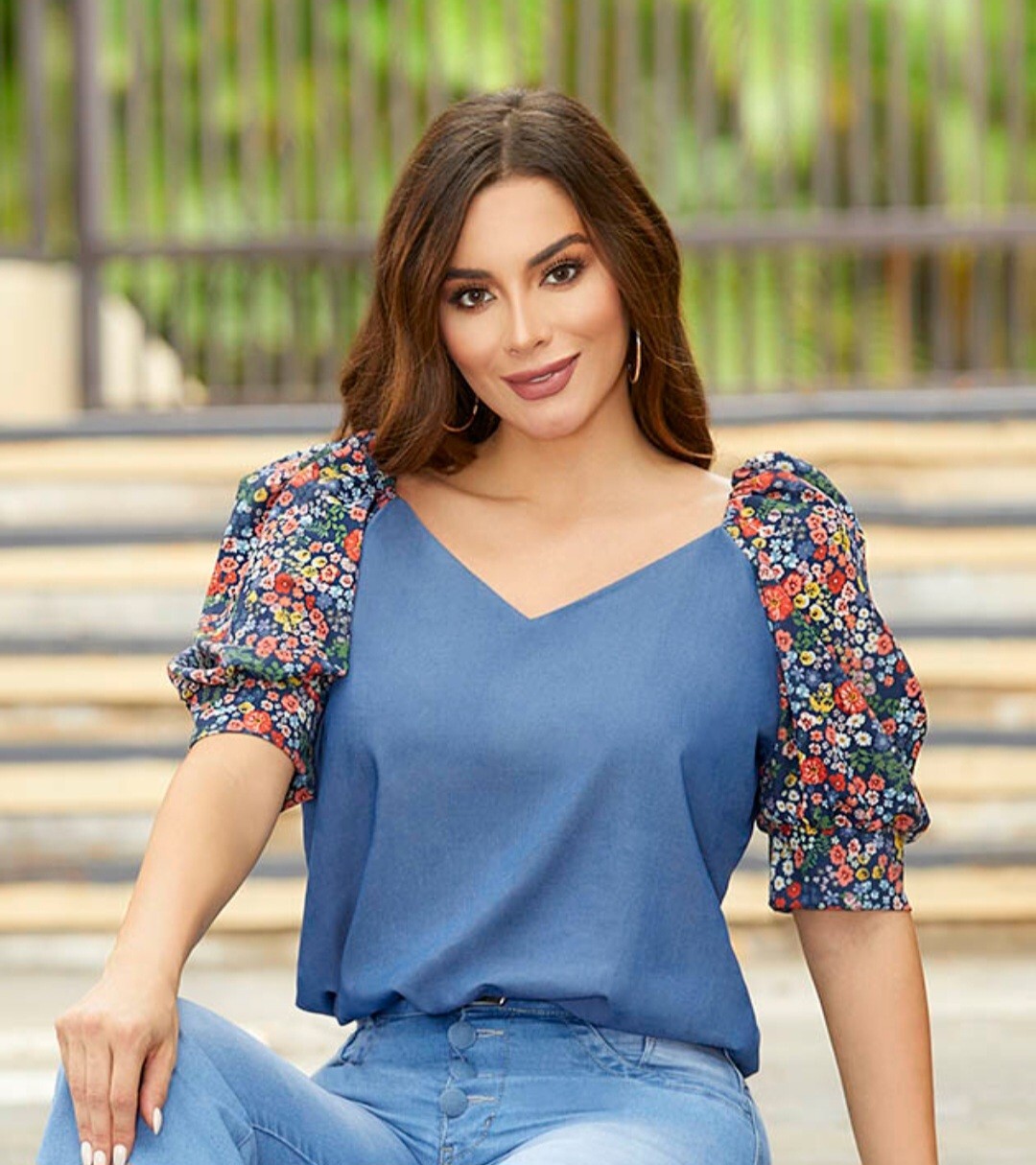Blue Demin Blouse Small Flower Fabric Sleeves Colombian Tissini Brand Free Ship