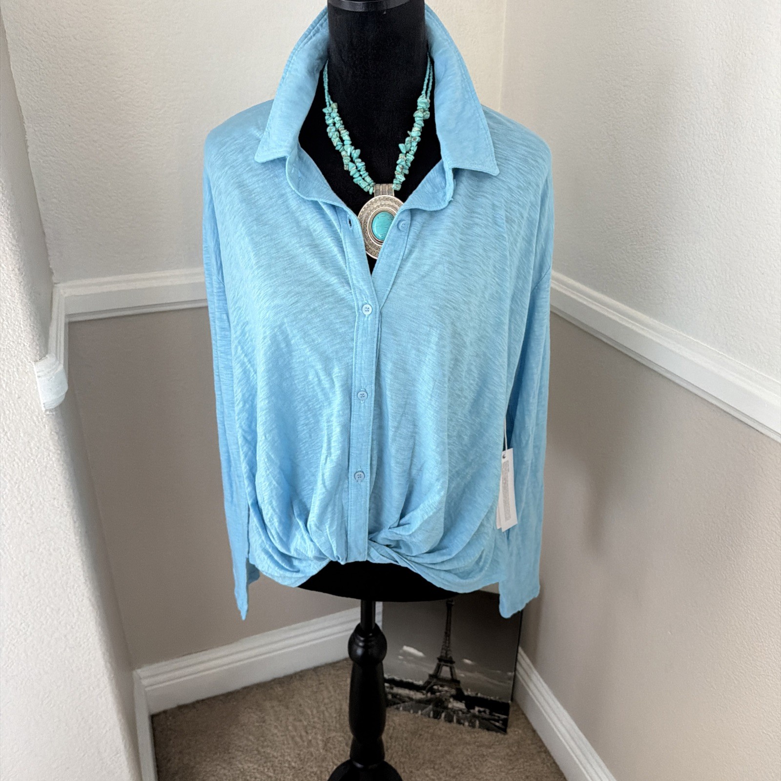 NWT Stateside 100% Supima Cotton Collared Twist Front Top Button Front Blue L