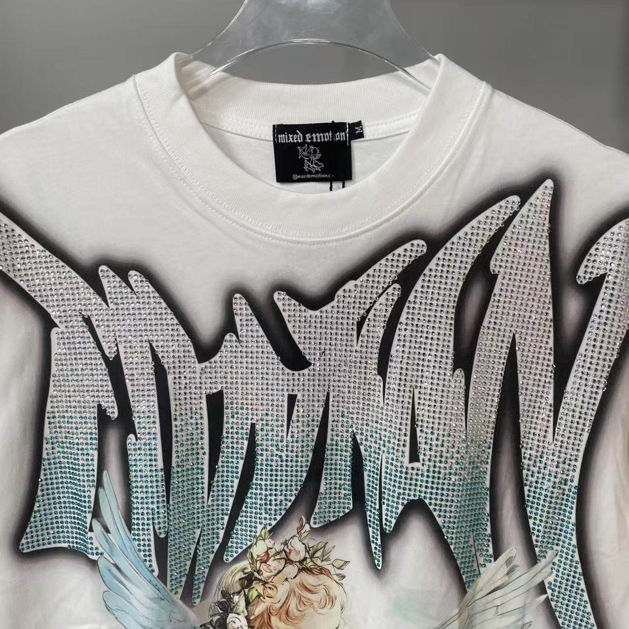 RHINESTONE EMOTION WHITE T SHIRT HIGH STREET ANGEL BABY PRINT HIPSTER TOP TEE