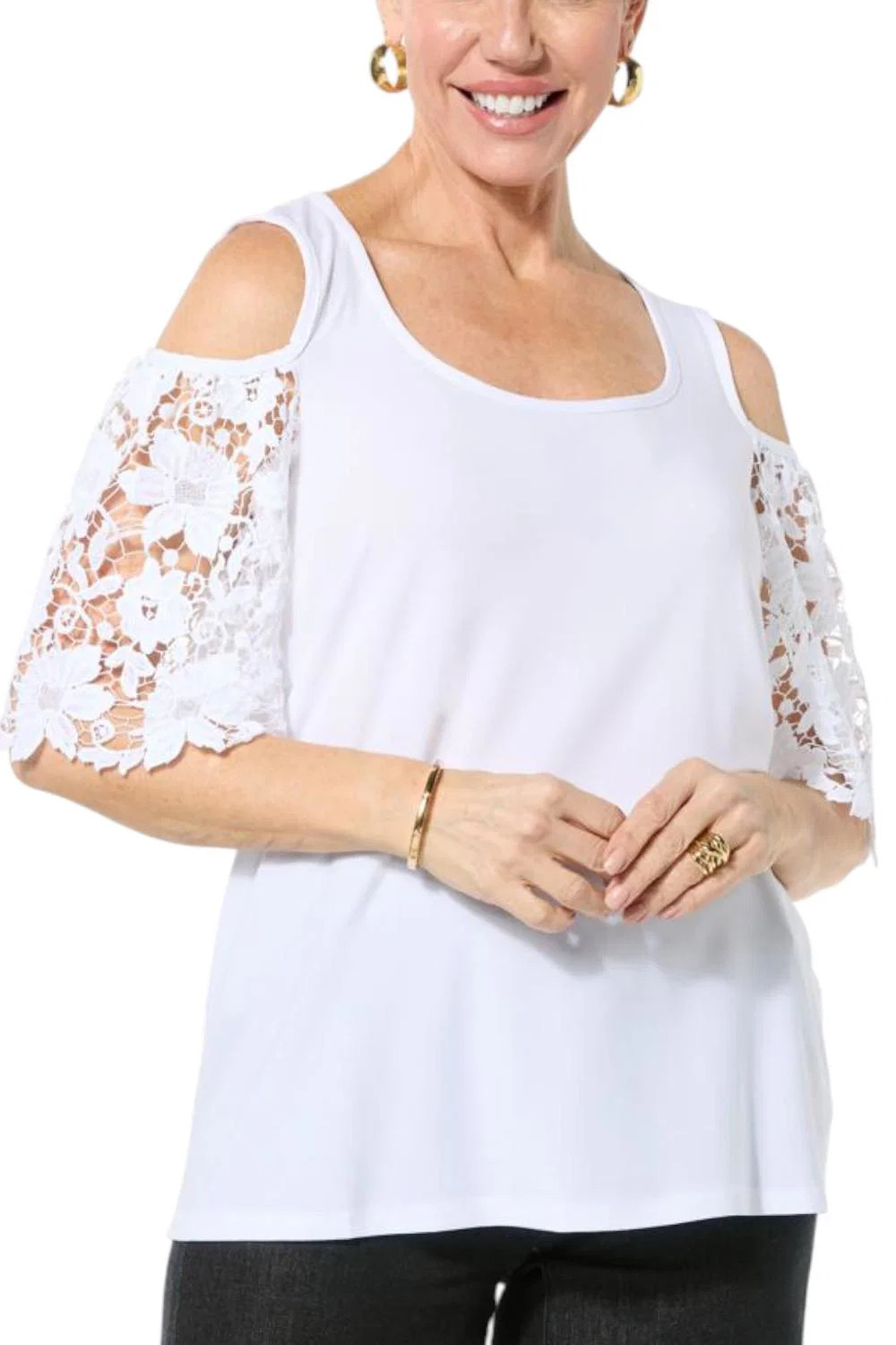 Nina Leonard Women’s Lace Sleeve Cold Shoulder Top White