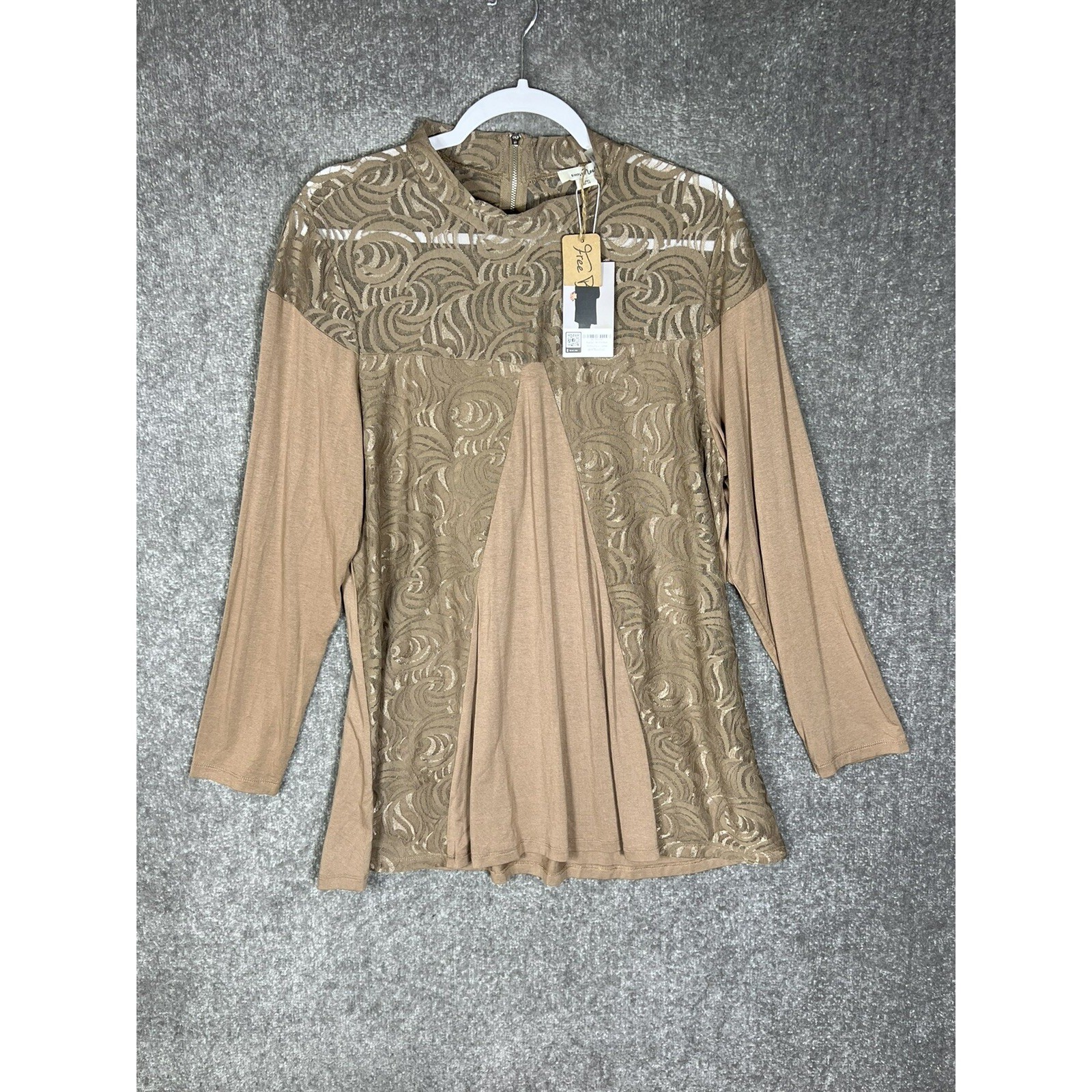 Simply Noelle Lace Overlay Java Tunic Top Womens Size L/XL Stretch Mock Neck