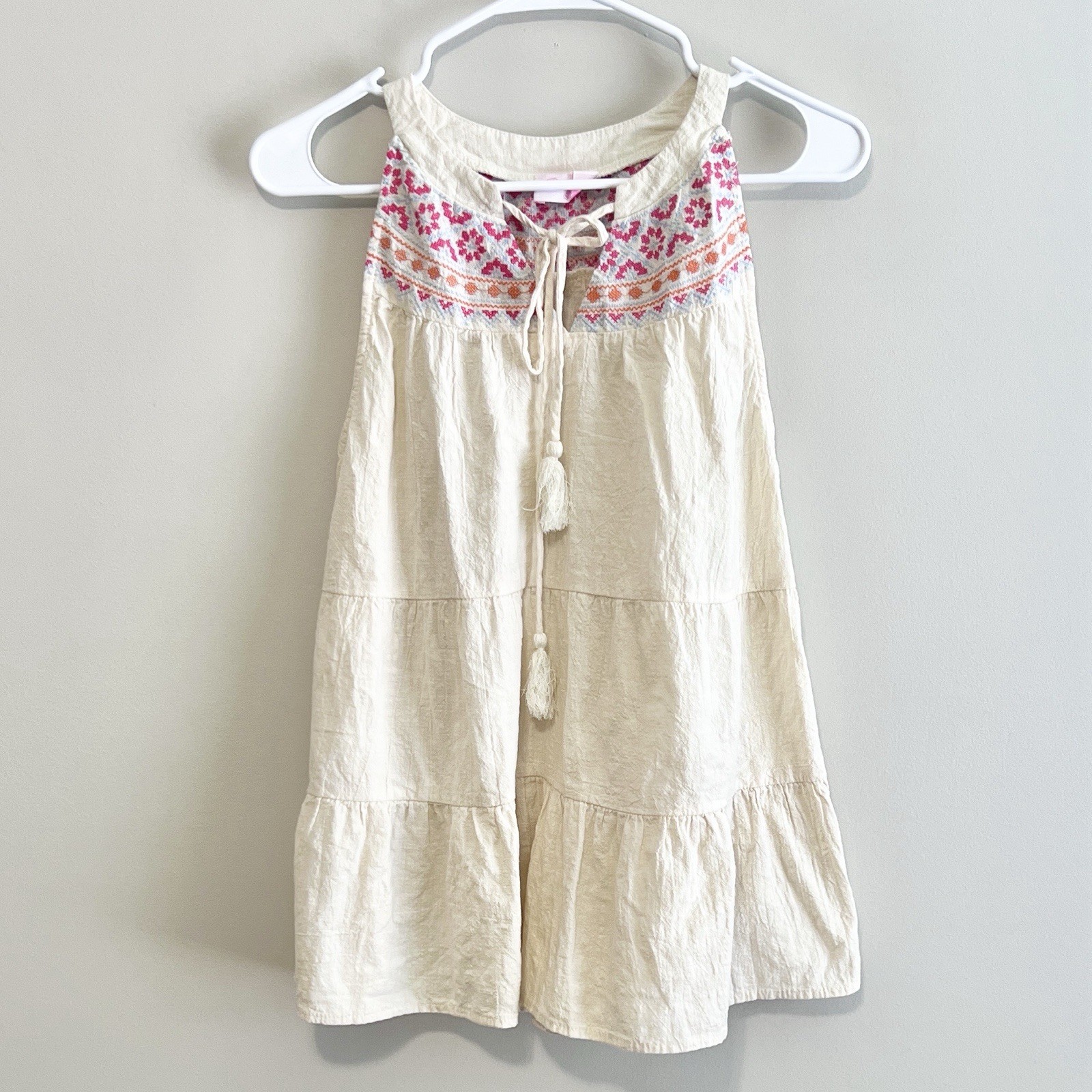 Pink Lily Women’s Embroidered Boho Peasant Tiered Tassel Tank Cream, Medium
