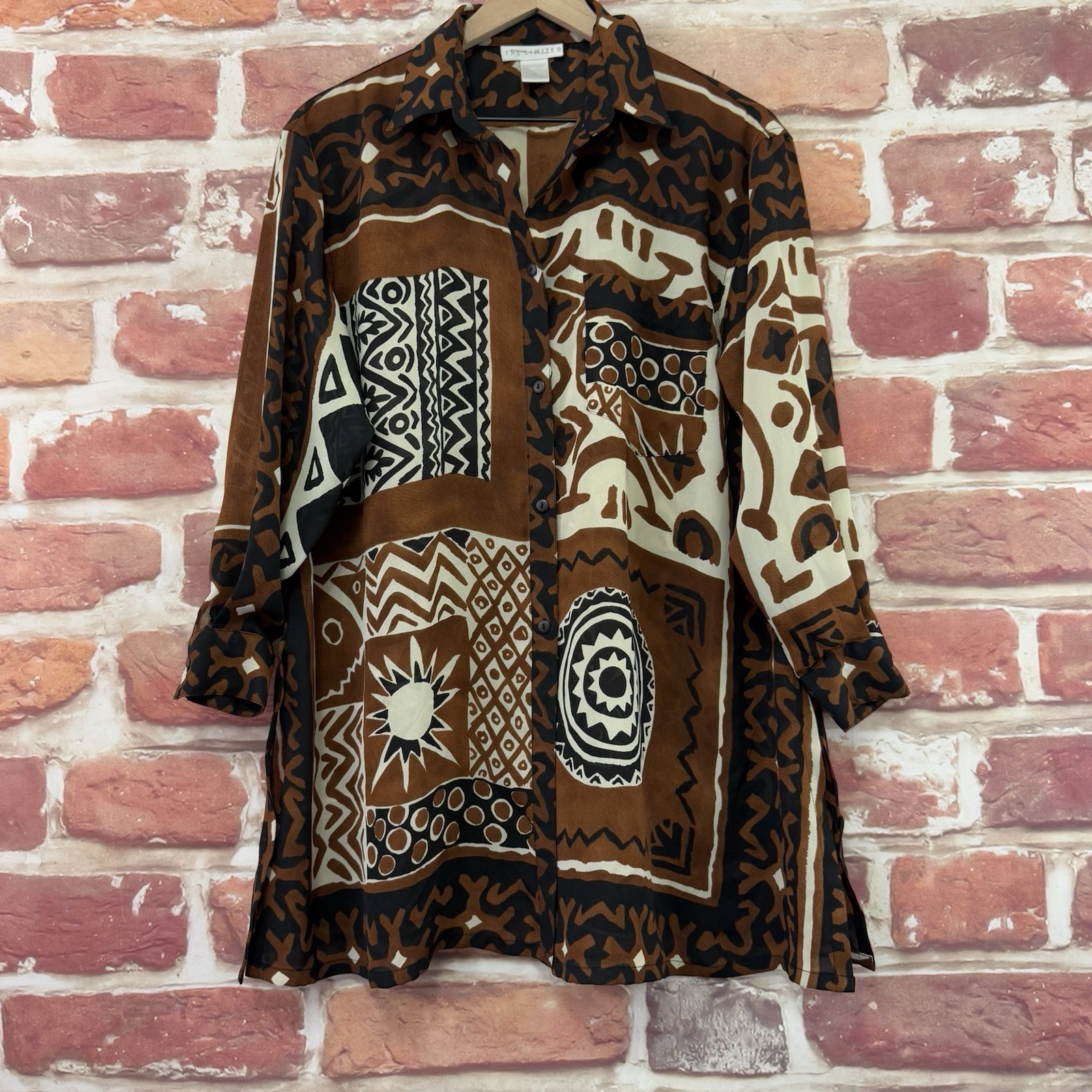 The Limited Tunic Top Womens XS Brown Boho Tribal Abstract Button Up Shirt