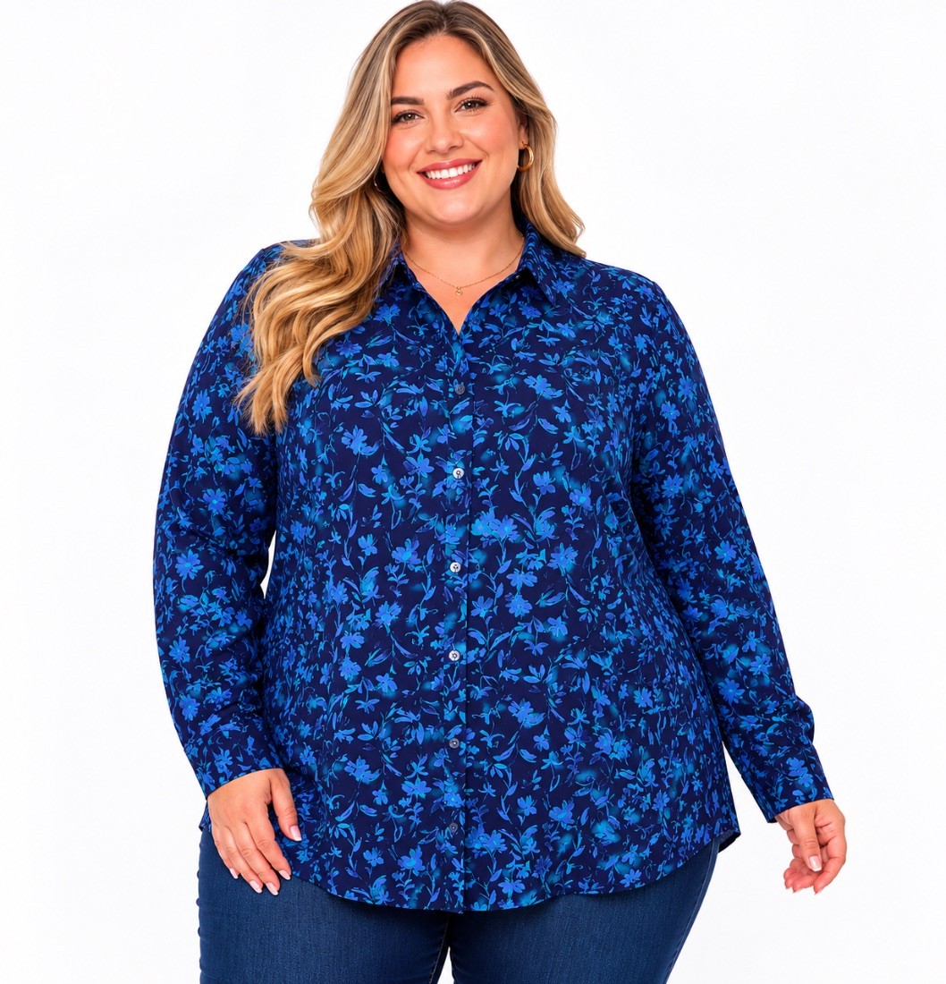 Eddie Bauer Womens Plus Shirt Blouse Navy Blue Floral Stretch Wrinkle Resist XXL