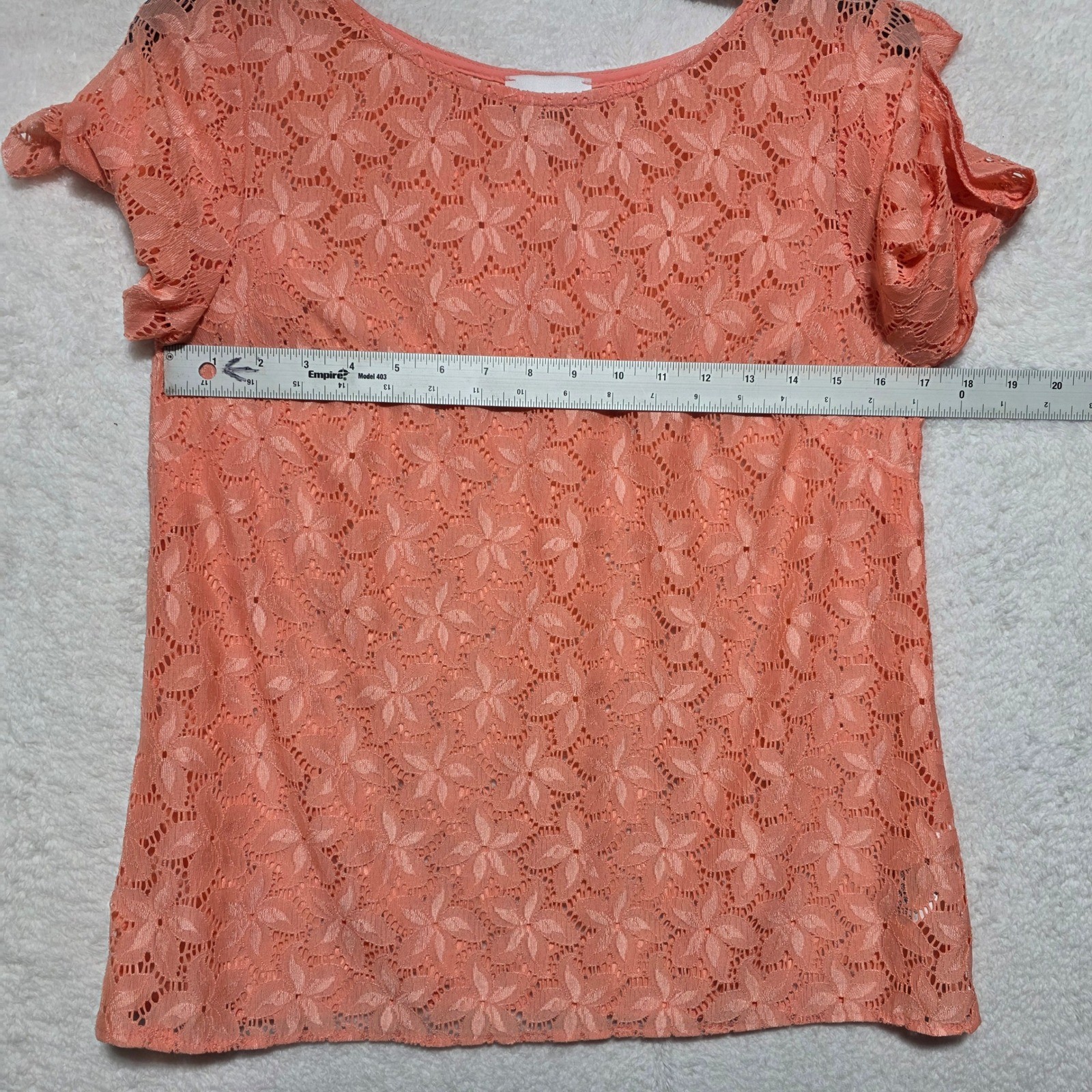 Jaclyn Smith Coral Floral Lace Blouse Ruffle Bell Sleeve Top Small S/C Peach