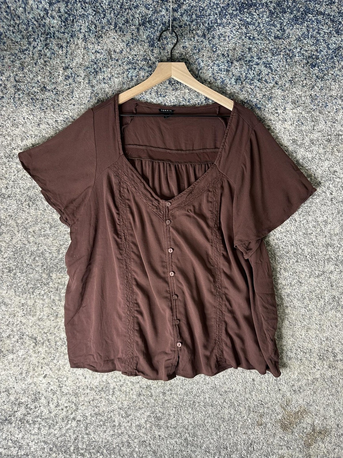 Torrid Blouse Womens 3 Brown Square Neck Crochet Button Front Dolman Sleeve Top