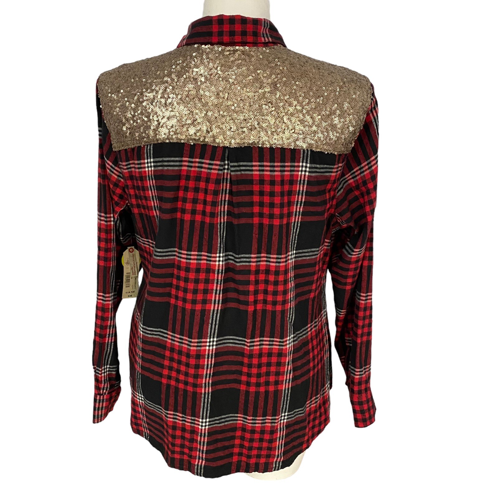 Arizona Snap Up Shirt Womens 1x Red Plaid Gold Sequin Glam Country Ranch Farm