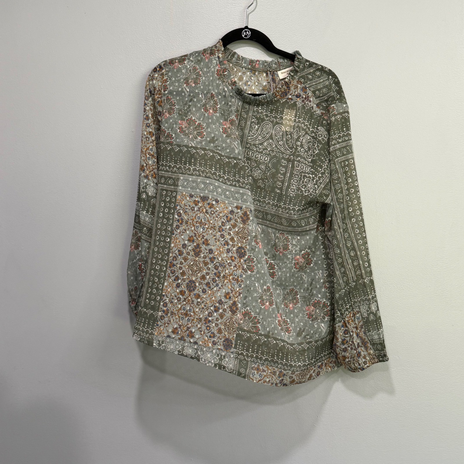 World Market Sage Green Paisley Floral Patchwork Sheer Blouse L/XL NWT