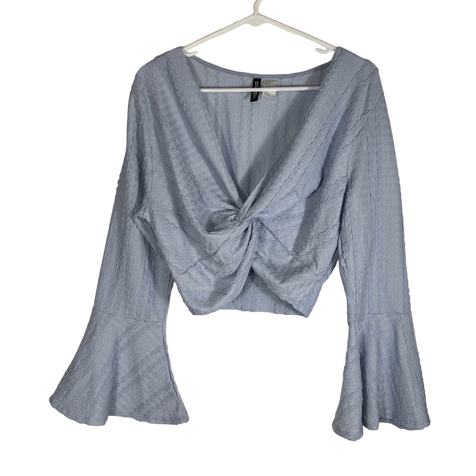 H&M Divided Women Blue Twist Front Crop Top Bell Sleeve Textured Size M